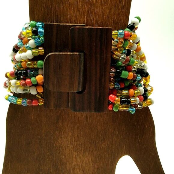 Glass Beaded Stretch Bracelet 14 Strand Wood Buckle Multi-colored - Picture 3 of 14